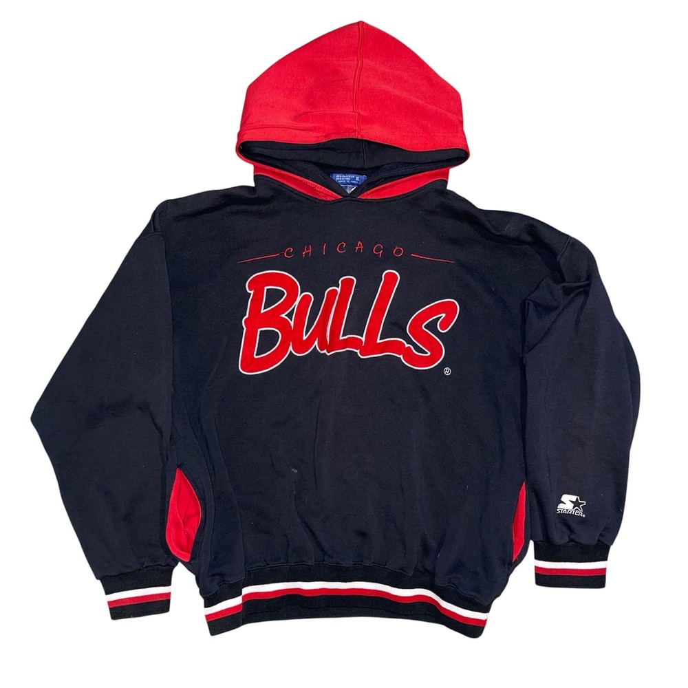 Vintage Starter Chicago Bulls Hoodie Mens XL Black Red NBA Sweatshirt 90s